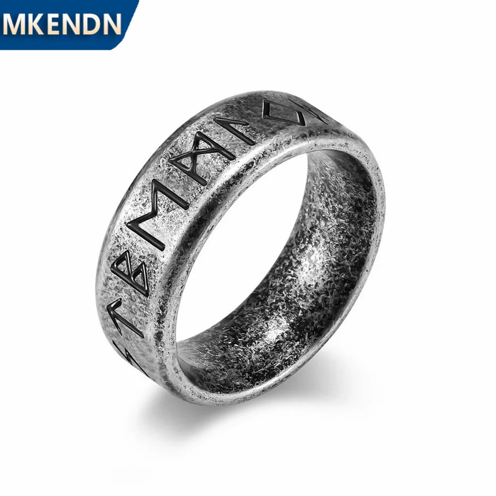 MKENDN Simple Vintage Oxidized Black Viking Style Norse Runes Amulet Rings For Men Women Stainless Steel Finger Jewelry Gifts - Madeinsea©