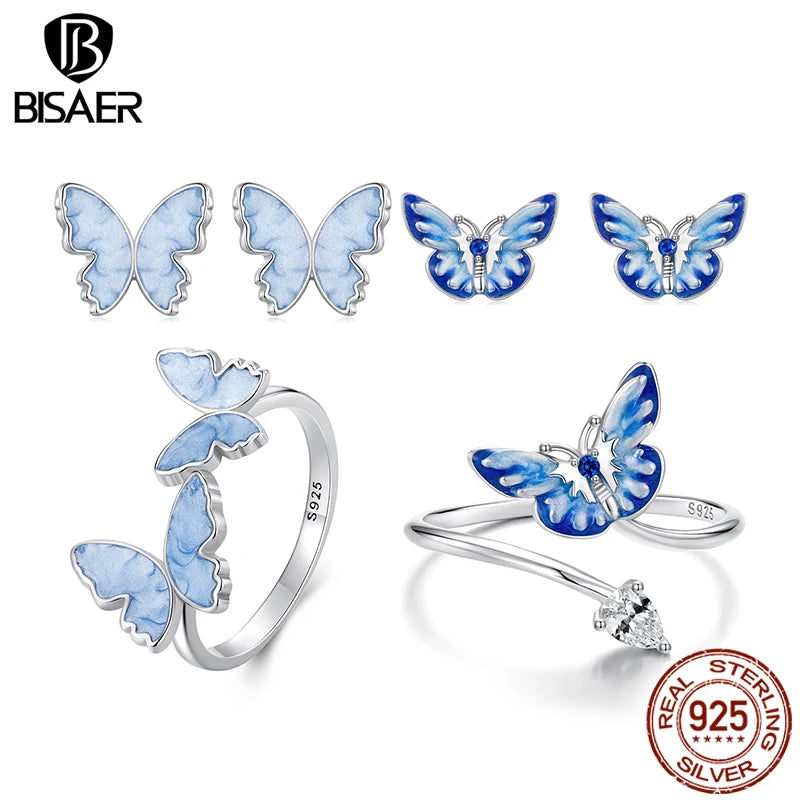 BISAER Real 925 Sterling Silver Butterfly Jewelry Set Bule Enamel Process Stud Earrings Open Ring For Women Party Fine Jewelry