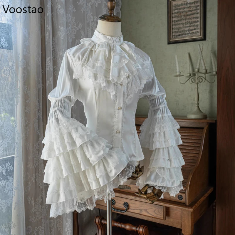 Victorian Elegant Lolita Style Shirts Japanese Women Vintage Gothic Lace Ruffles Flare Long Sleeve Blouses Sweet Y2k Slim Tops
