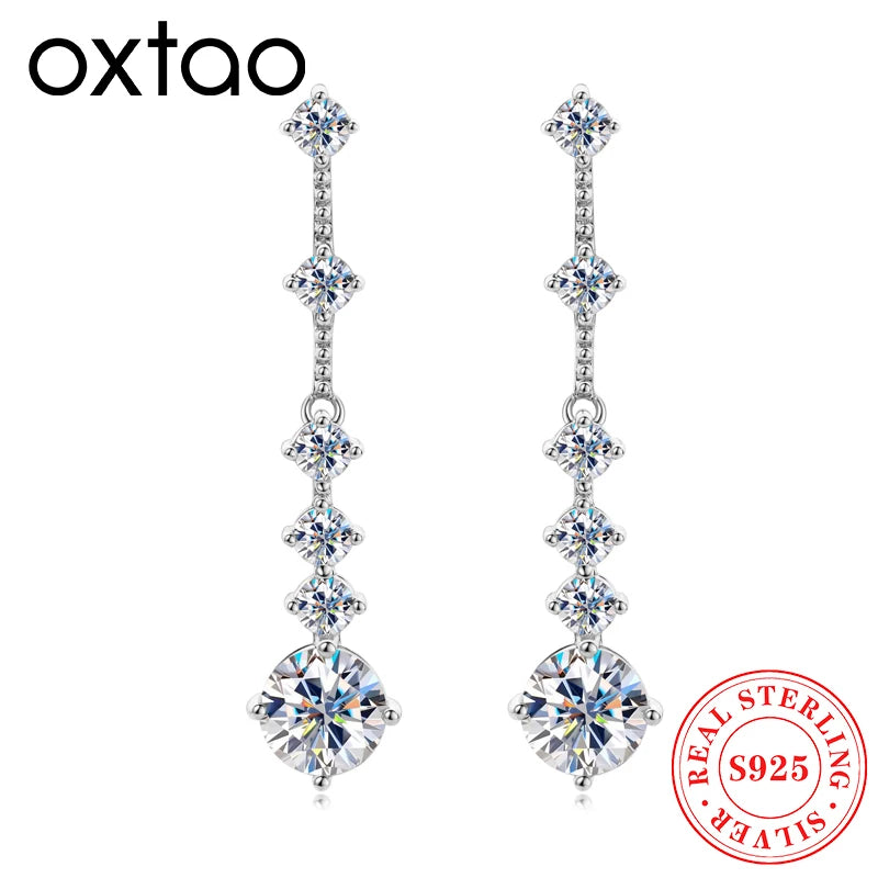 OXTAO 3ct Moissanite Drop Piercing Earrings 925 Sterling Silver Long Chain Tassel Earring for Women Wedding Jewelry Gifts GRA