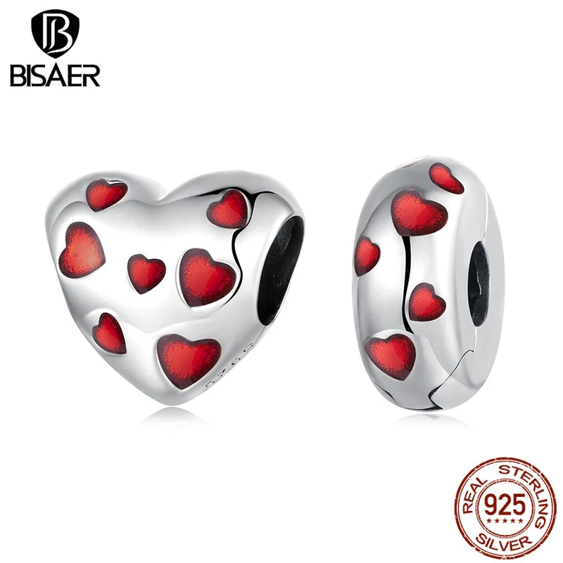 BISAER 925 Sterling Silver Heart Charm Bead Red Enamel Eternal Love Pendant for Women DIY Bracelet & Neckalce Fine Jewelry Gift