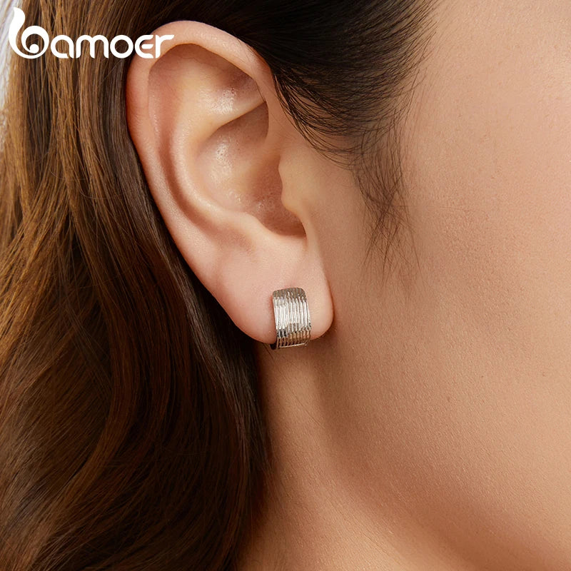 BAMOER Solid 925 Sterling Silver Small Chunky Thick Hoop Earrings for Women Girls, White Gold Plated Hoops Huggie Earrings