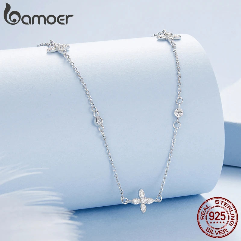 BAMOER 925 Sterling Silver Flower Necklace for Women, Real Gold Plated Dainty Small Flower Charm Trendy Choker Necklace BSN406