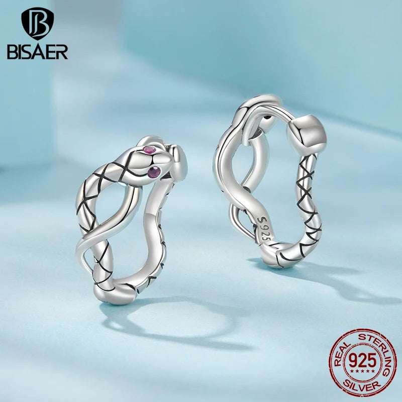 BISAER 925 Sterling Silver Vintage Viper Hoop Earrings Snake Red Zircon Ear Clip For Women Party Original Fine Jewelry ECE1891