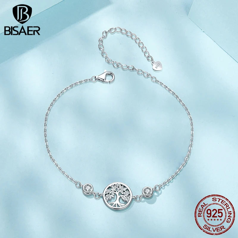Bracelet BISAER en argent sterling 925 avec pendentif arbre de vie et chaîne réglable plaquée or blanc pour femme, bijoux fins de fête ECB288