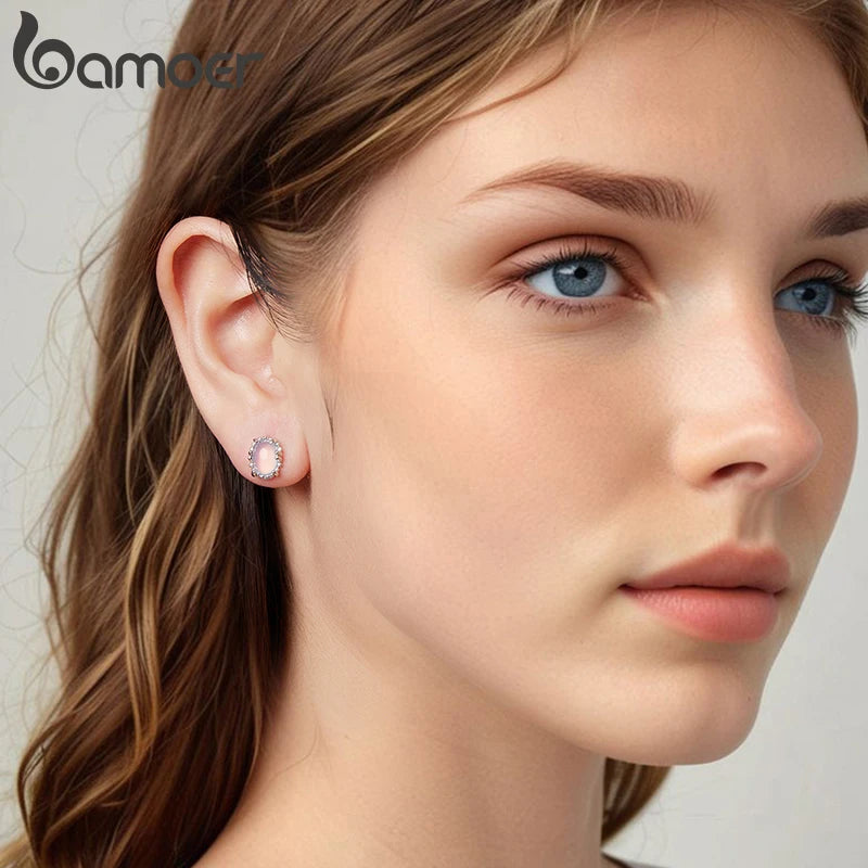 BAMOER Opalescent Mainstone Stud Earrings Transparent Oval Satement Earring with Retro Lace For Women Girl Romantic Jewelry Gift