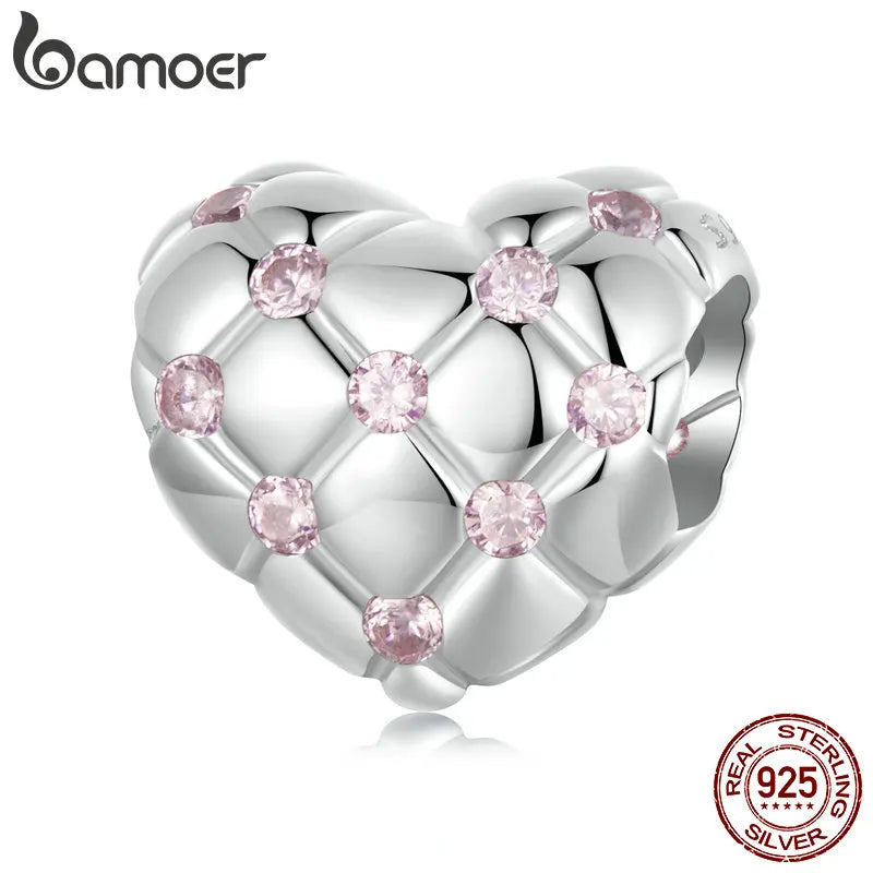 BAMOER Solid 925 Sterling Silver Love Heart Diamond Pattern Charm Bead fit Original Bracelet DIY Bamoer Charm for Jewelry Making