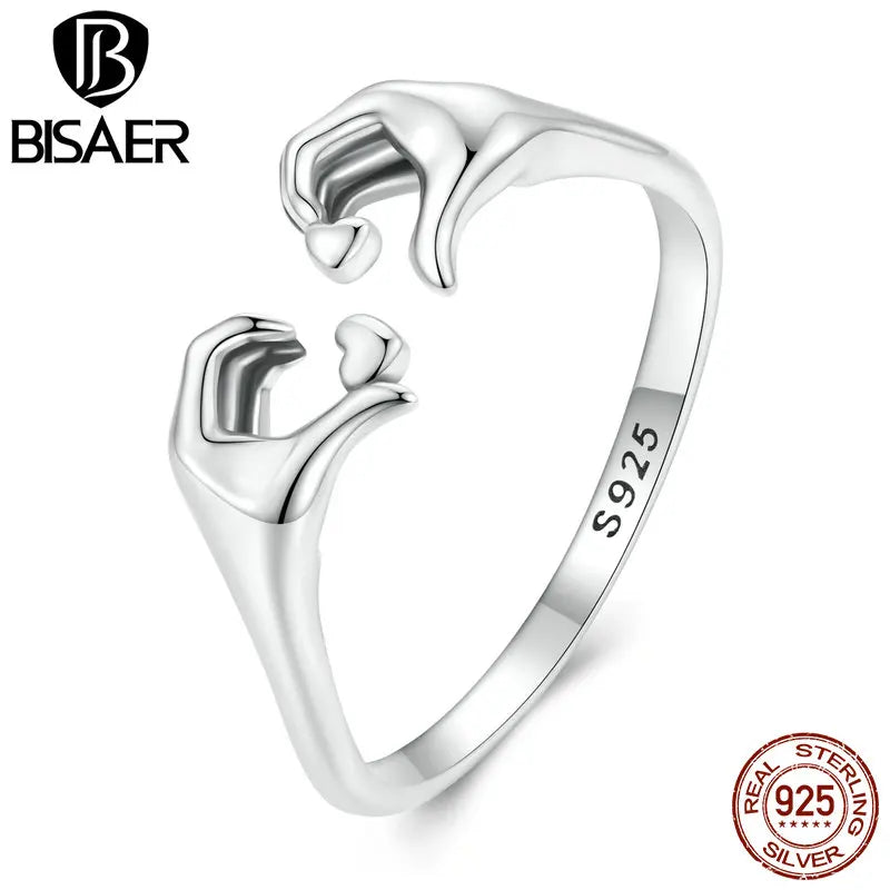 BISAER 925 Sterling Silber Hand Herz Ringe Für Romantische Frauen Liebe Paar Hochzeit Versprechen Ringe Valentinstag Edlen Schmuck