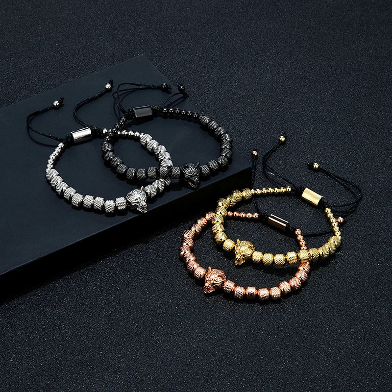 MKENDN Charm Micro Pave CZ Green Eyes Viking Wolf Head Men Bracelets Stainless Steel Adjustable Couple Handmade Jewelry Gift