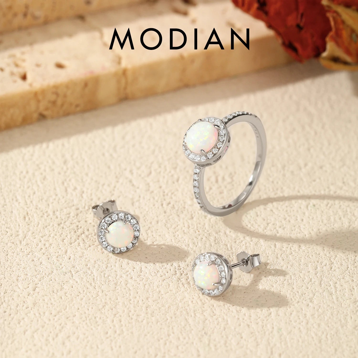 MODIAN Hepburn Style Jewelry Sets 925 Sterling Silver Elegant Round Opal Stud Earrings Thin Finger Rings For Women