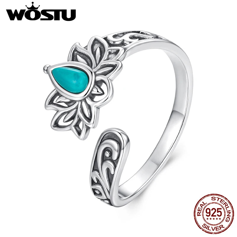 WOSTU Vintage 925 Sterling Silver Turquoise Lotus Open Ring For Women, Handmade Adjustable rings Boho Ethnic Statement Jewelry