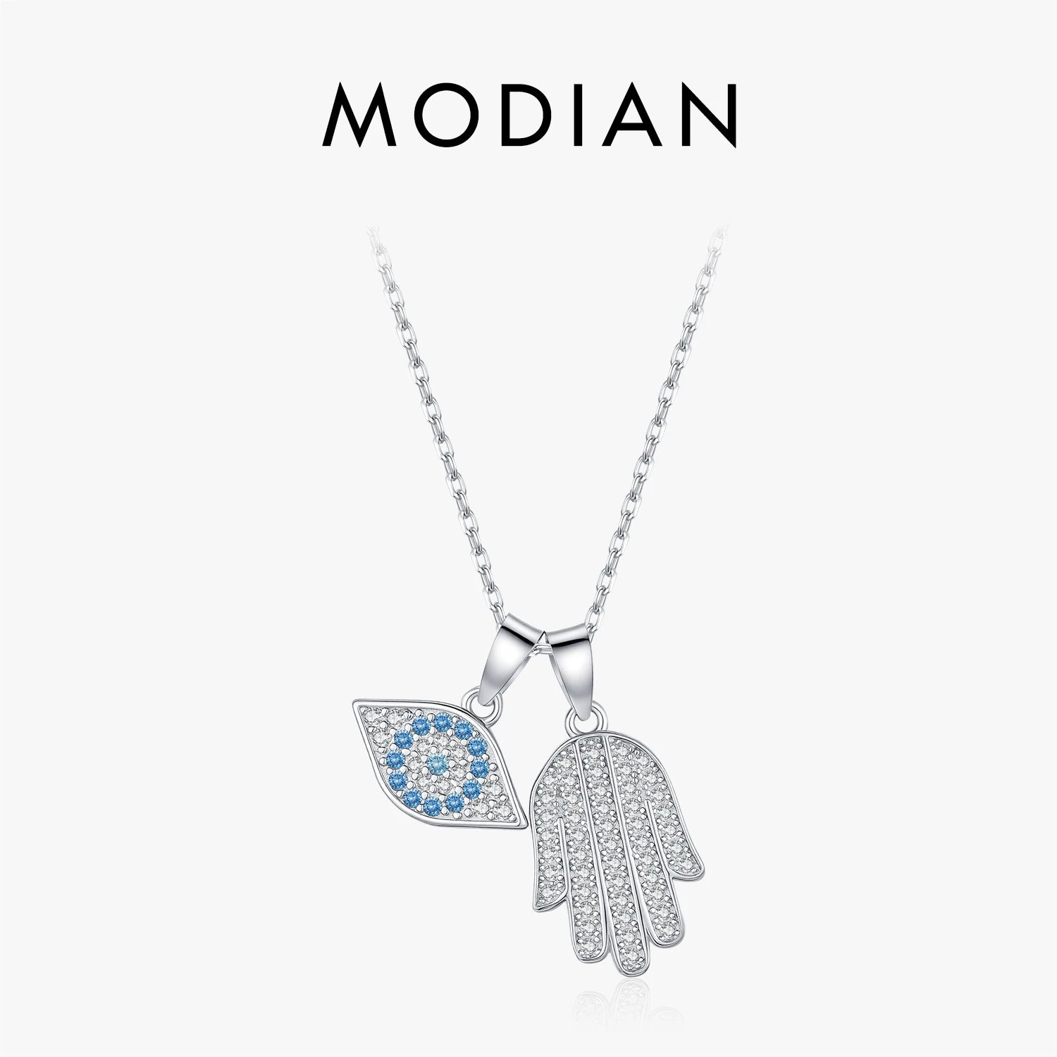 MODIAN 925 Sterling Silver Sparkling Blue CZ Eyes Palm Pendant Necklace For Women Party Exquisite Fine Jewelry Accessories