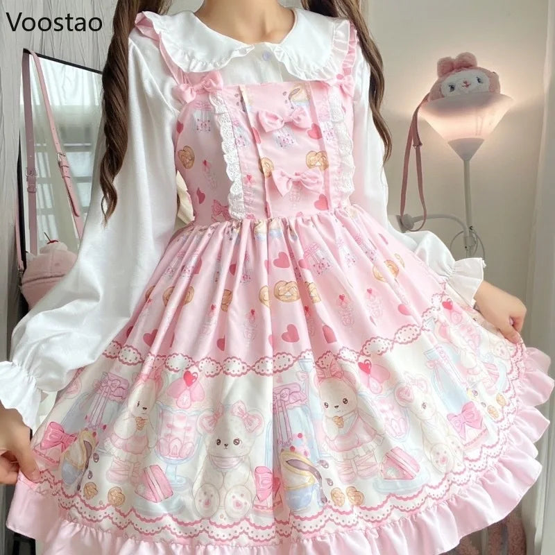 Japanese Sweet Lolita Jsk Dress Women Cute Cartoon Bear Print Bow Lace Ruffles Strap Dress Girls Kawaii Tea Party Princess Dress