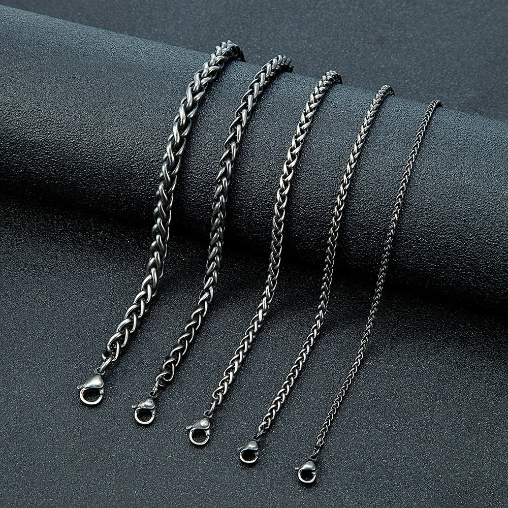 MKENDN Thickness 2/3/4/5/6mm Vintage Oxidized Black Wheat Braided Stainless Steel Bracelet Classic Curb Link Chain for Men Women