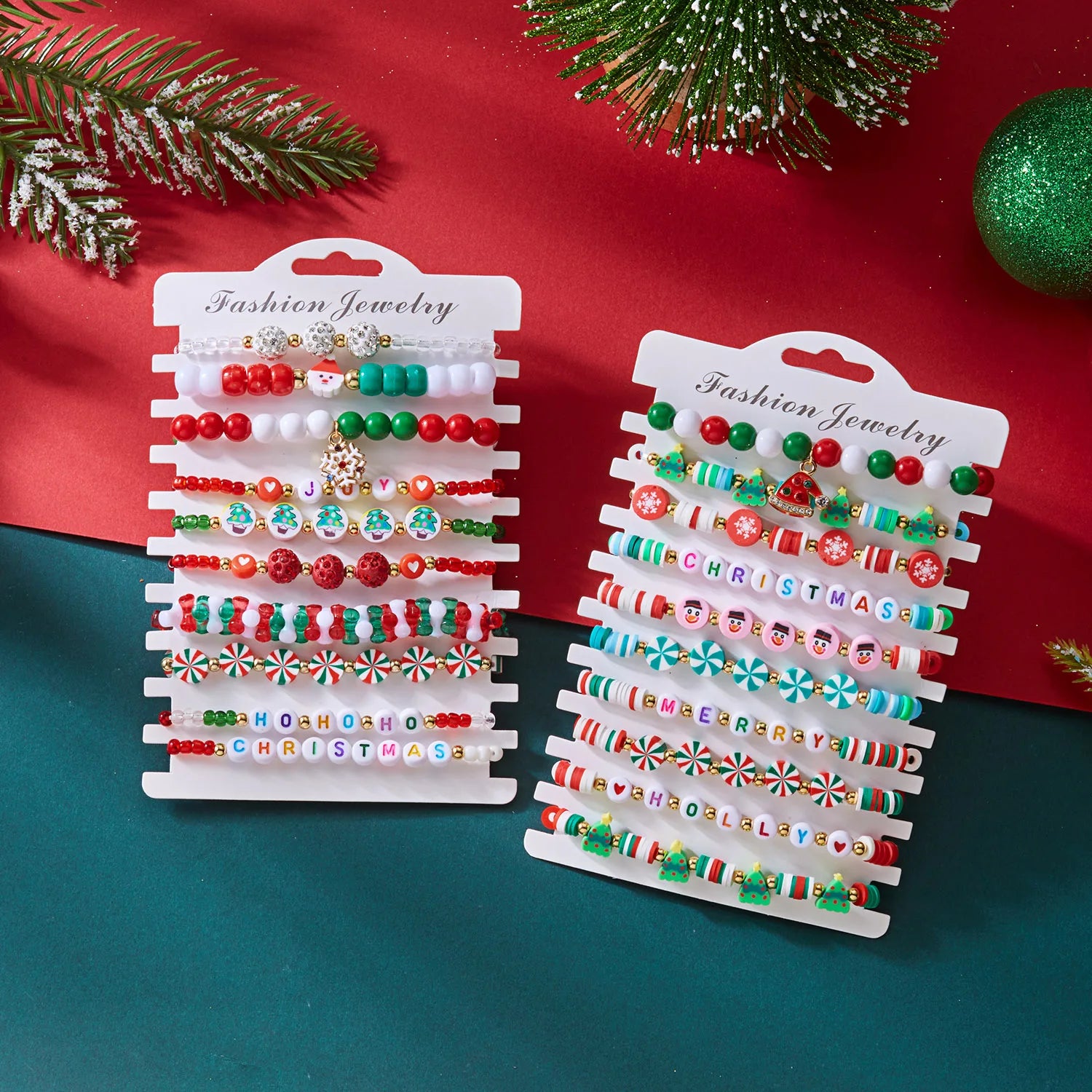 10 Pcs Christmas Crystal Beaded Stackable Bracelet For Women Santa Claus Xmas Tree Snowflake Letter Beads Bangle Party Jewelry