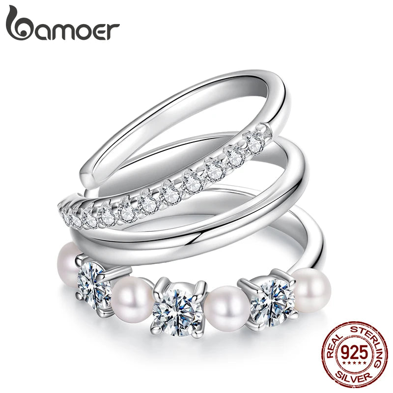 BAMOER Mono 3-layered Moissanite Ear Cuff 925 Sterling Silver Freshwater Pearl Ear Clip for Women Teens Original Elegant Jewelry
