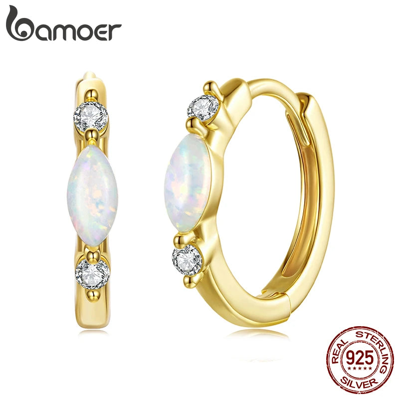 BAMOER Moissanite Hoop Earring 18K Gold Oval Opal Huggie Earrings 925 Sterling Silver Jewelry for Women Hypoallergenic Gift