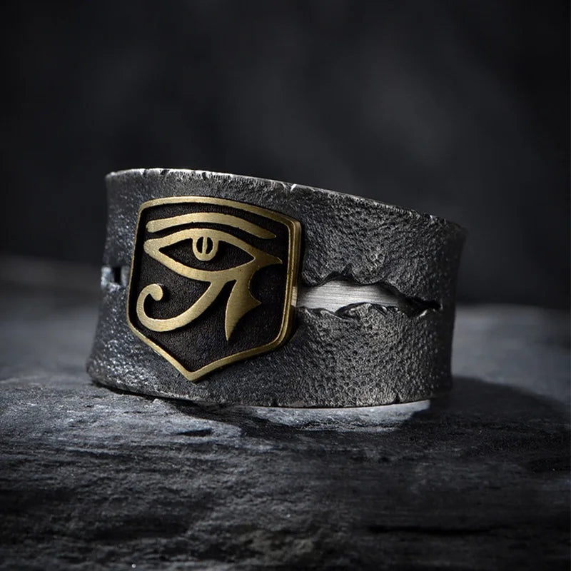 Retro Cracking Golden Horus Eye Wide Ring For Men Punk Gothic Adjustable Open Ring Handmade Designer Jewelry Unisex Accessories