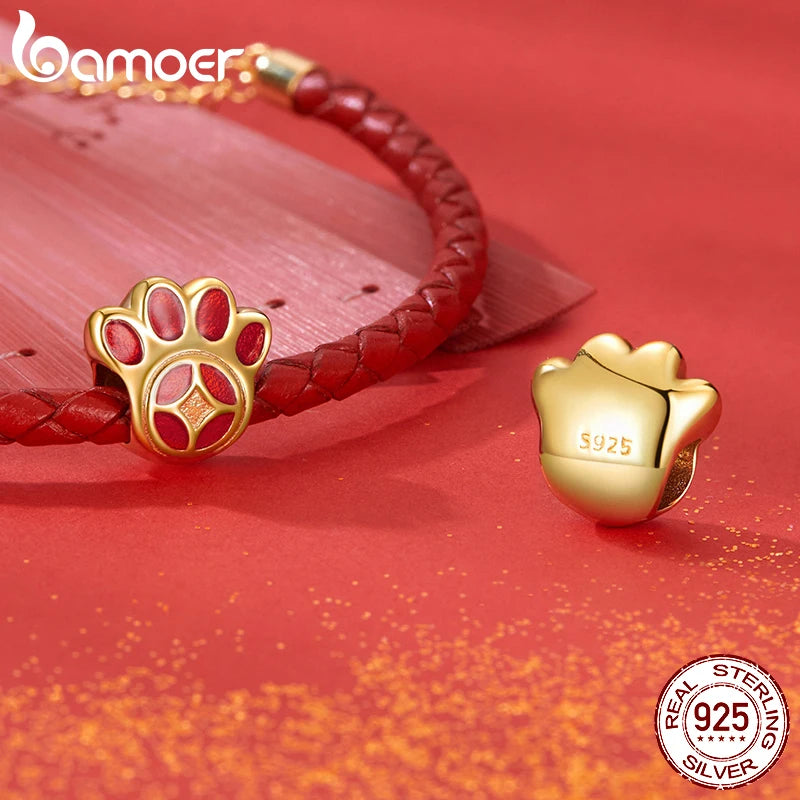 BAMOER Solid 925 Sterling Silver Lucky Pawprint Charm Bead fit Original Bracelet & Necklaces Jewelry DIY bamoer Pet Charm