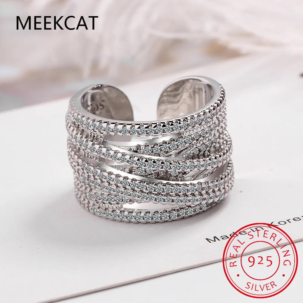 Bague en argent sterling 925 et moissnaïte pour femme, ornée d'une vague, sertie de diamants de laboratoire scintillants et de plusieurs couches. Bague large pour doigt.