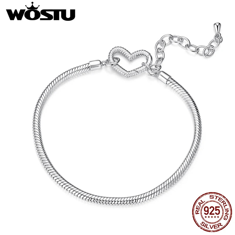 WOSTU 925 Sterling Silver Love Heart Bracelet Base Snake Chain for Women Fit Beads Charms DIY Adjustable Gift Fine Jewelry