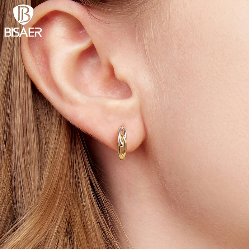 BISAER 925 Sterling Silver Double Ring Hoop Earrings Two-tones Huggie Earrings Plated 14K Gold For OL Women Party Fine Jewelry