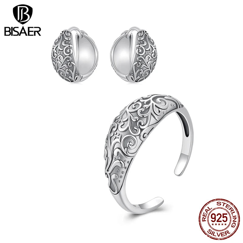 BISAER Boucles d'oreilles créoles à motif rétro 100 % argent sterling 925 avec anneau ouvert et motif vintage pour femme, bijoux fins originaux, cadeau de fête