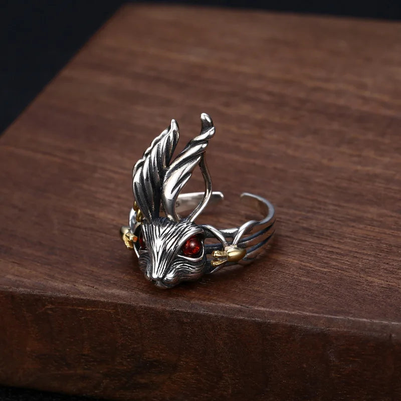 MKENDN Vintage 100% 925 Sterling Silver Big Ear Rabbit Ring With Red Eyes For Men and Women Gothic Street Hip Hop Punk Jewelry