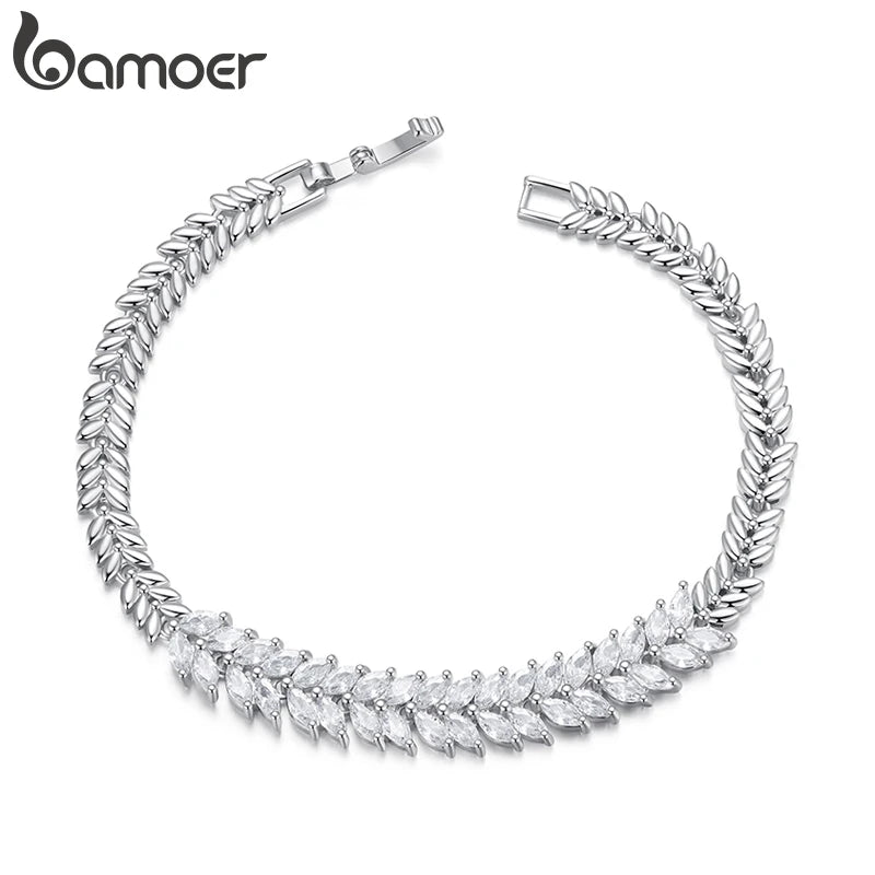 BAMOER White Gold Plated Sparkling Cubic Zirconia Classic Leaf Bracelet, Gold Bracelets for Women Fashion Jewelry YIB067