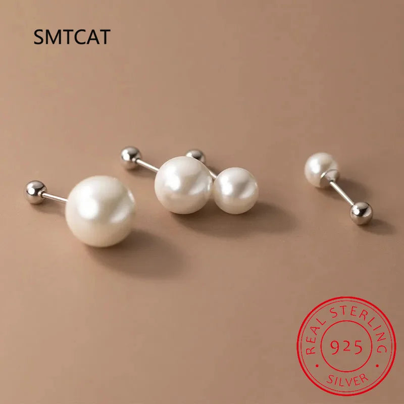 Real 925 Sterling Silver Round 6/8/10/12MM Pearl Screw Bead Stud Earrings For Women Cute Fine Jewelry Minimalist Accessories