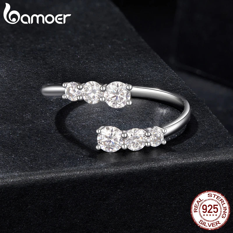 BAMOER Moissanite White Gold Plated Adjustable Ring 925 Sterling Silver Exquisite Open Ring for Women Engagement Jewelry Gift