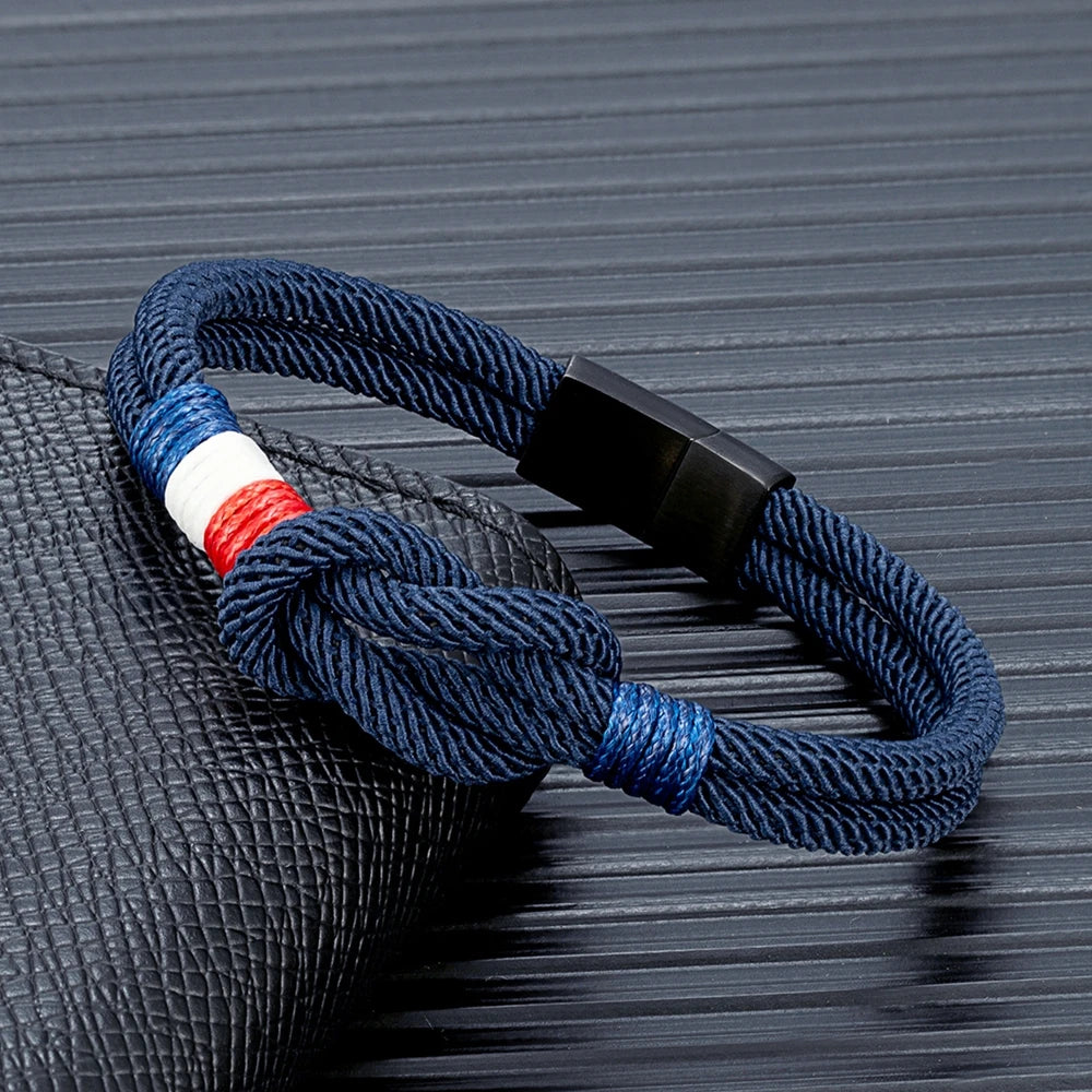 MKENDN Schwarzes Edelstahl-Seilarmband mit quadratischem Knoten für Herren und Damen, handgefertigt, gewebt, doppellagig, Frankreich-Flagge, Paarschmuck
