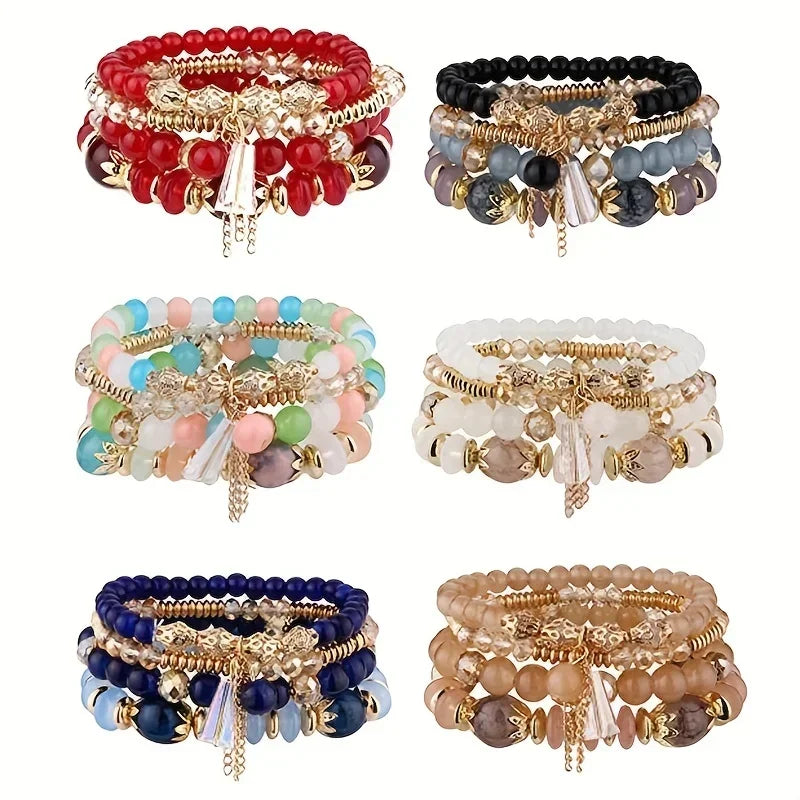 4pcs set Bohemian Versatile Bracelets Beaded Stretch Wristband Gifts Multi-layer Crystal Agate Bracelet Summer Fashion Jewelry