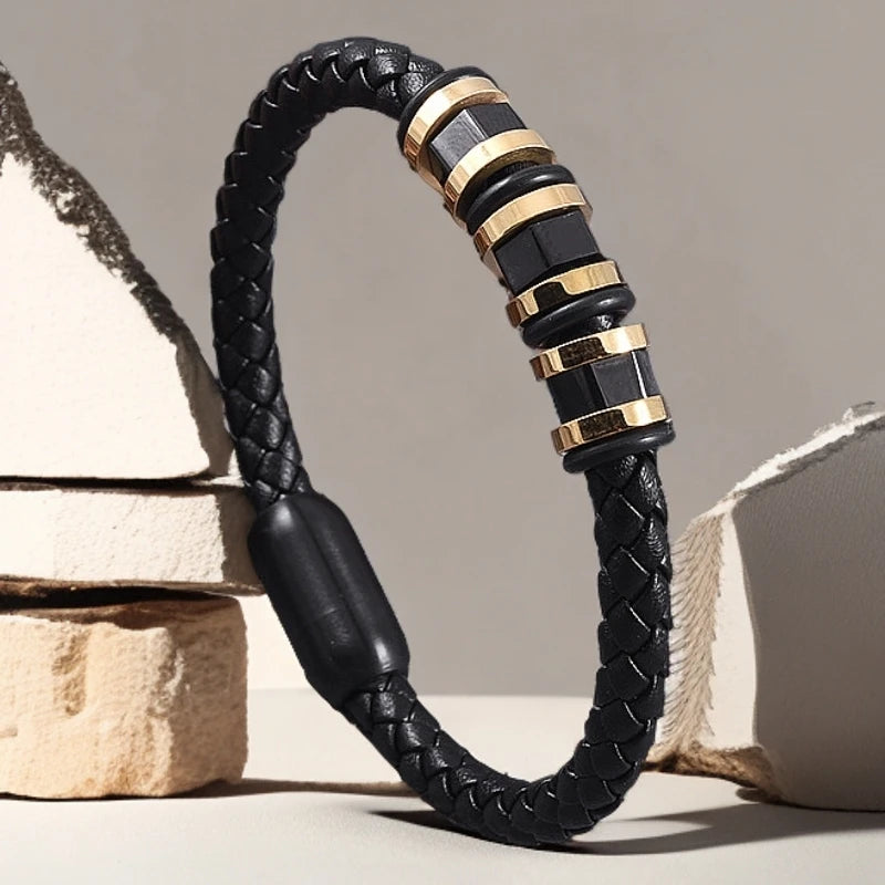 MKENDN Punk Men Stainless Steel Hexagon Beads Bracelet for Men Genuine Leather Bracelets Male Wristband Jewelry Gifts