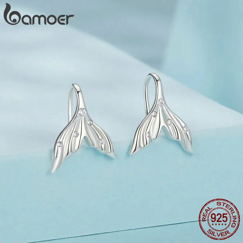 BAMOER Solid 925 Sterling Silver Mermaid Tail Stud Earrings Minimalist Small Studs Daily for Women Fashion Jewelry SCE1807