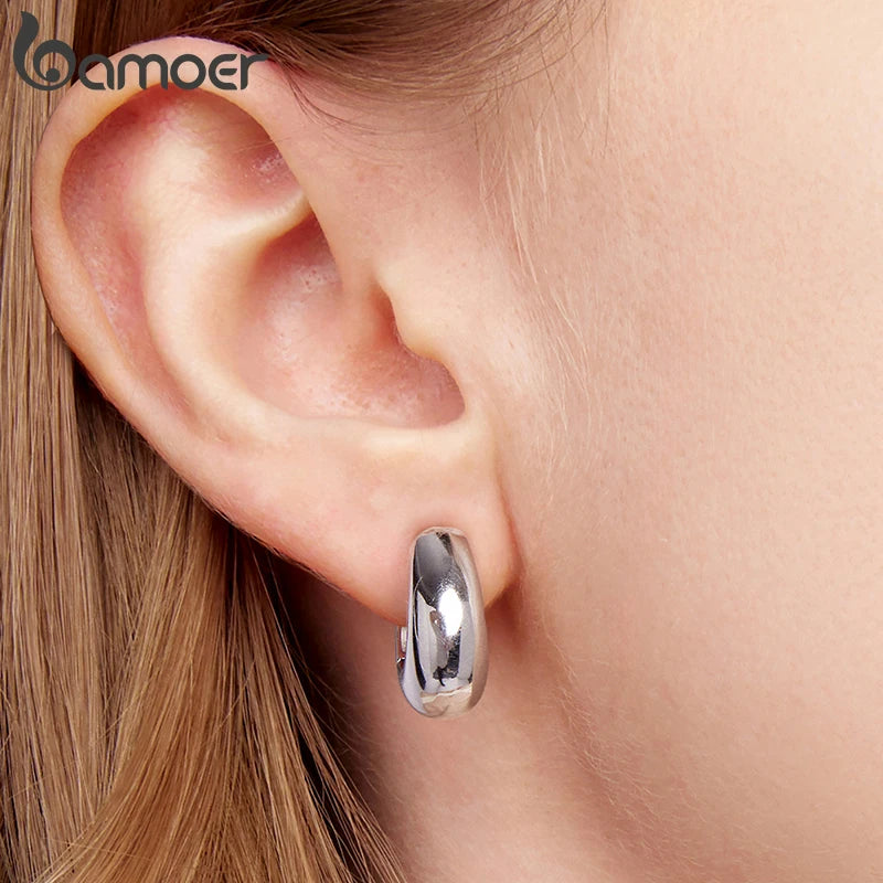 BAMOER White Gold Plated 925 Sterling Silver Post Glossy Hoop Earrings, High Polished Trendy Fashion Jewelry for Women Bijoux