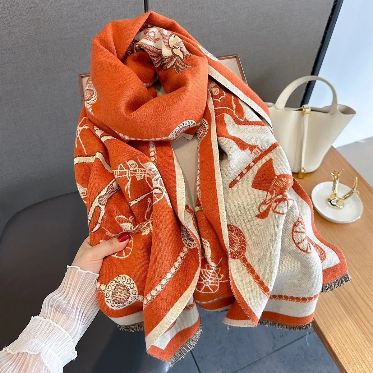 Fashion Winter Pashmina Elegant Horse Print Shawl Wrap Women Luxury Cashmere Scarf Femme Thick Warm Blanket Stoles Long Blanket