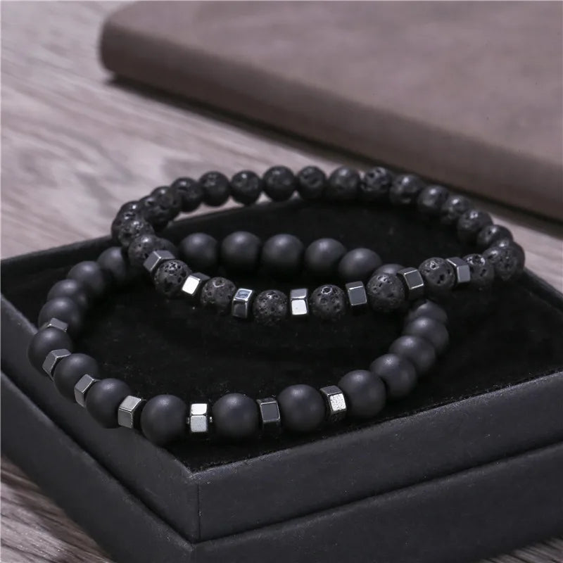 6mm8mm Black Frosted Lava Volcanic Stone Wearing Black Gallstone Bead Elastic Bracelet suit Bracelet for Men