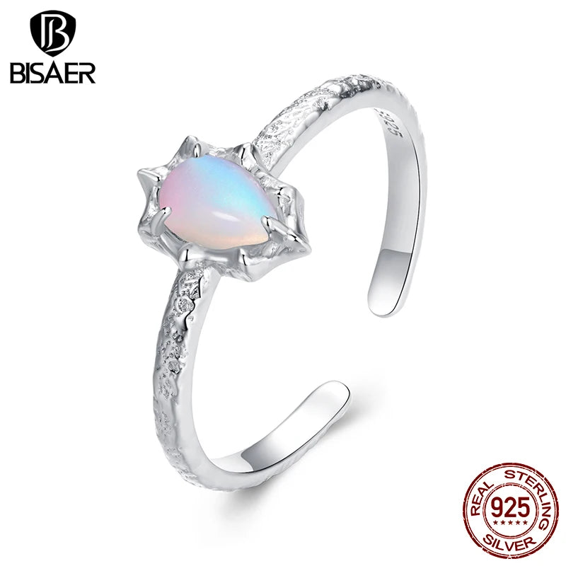 BISAER Bague ouverte en argent sterling 925 avec opale aurore et solitaire en forme de goutte d'eau plaquée or blanc pour femme, bijou fin de fête, cadeau