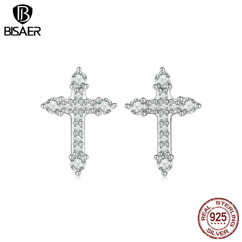 Boucles d'oreilles à tige en argent sterling 925 BISAER avec croix scintillante sertie de zircons pavés plaqués or blanc, bijoux fins pour femme, cadeau de fête