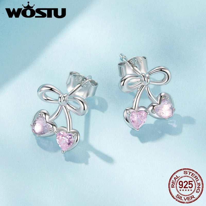 WOSTU Pink Cherry Bow Earrings For Women , Girl 925 Sterling Silver Stud Earrings Birthday Party Gift, Hypoallergenic Studs Xmas
