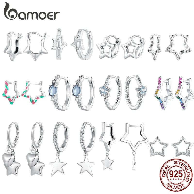 Bamoer Original 925 Sterling Silver Star Hoop Earrings Twist Ear Buckles Romantic For Women Girls Party Wedding Fine Jewelry