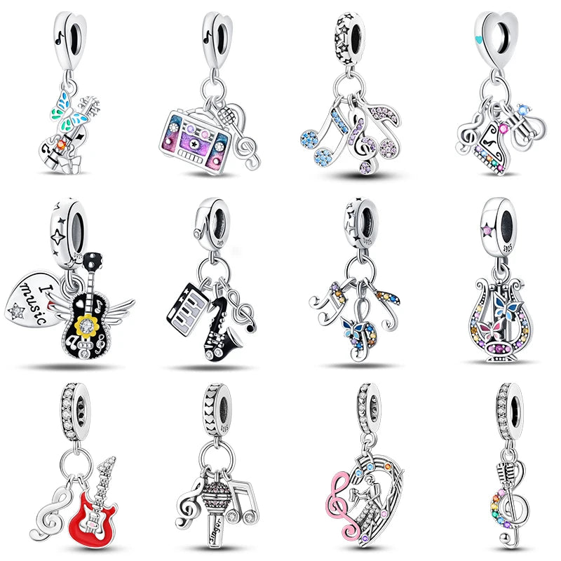 Romantic Music Charms Beads 925 Sterling Silver Piano Violin Red Guitar Punk Saxophone Pendants Fit Qikaola Bracelet DIY Jewelry