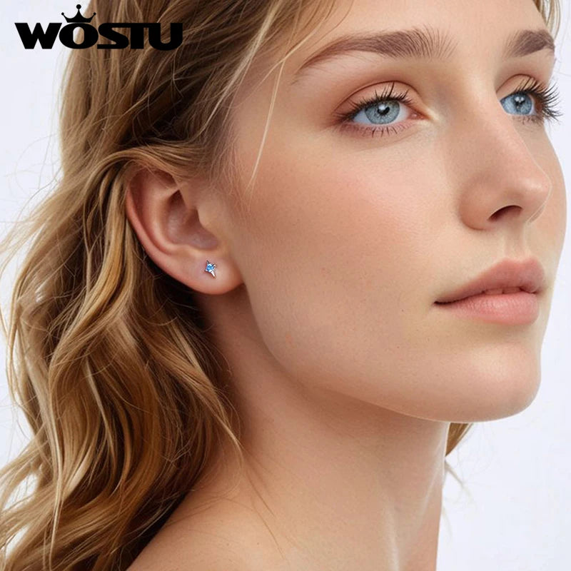 WOSTU 925 Sterling Silver Zircon Constellation Horoscope Stud Earrings For Women Asymmetrical Colorful Ear Studs Party Jewelry