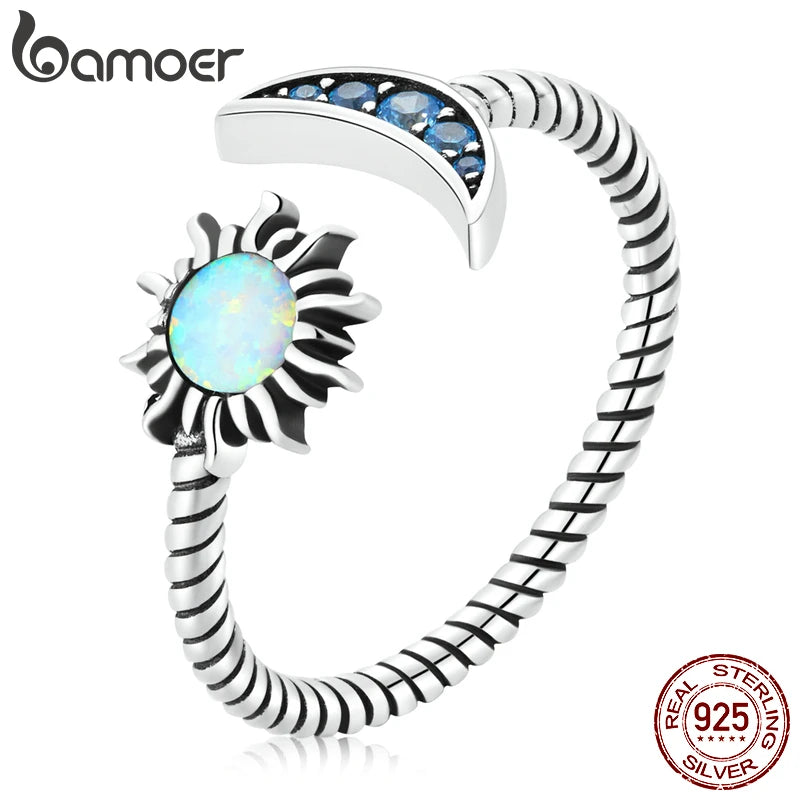BAMOER Authentischer 925 Sterling Silber Glänzender Sonne & Mond Ring offene Größe für Frauen Vintage Opal Ring Edler Schmuck Party Geschenk
