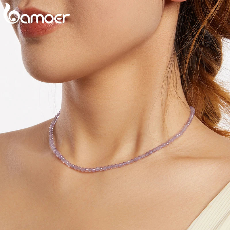 BAMOER Amethyst-Halskette für Damen, 3 mm, handgefertigte Amethyst-Perlenkette, Choker-Halskette aus Naturkristall, Schmuckgeschenk, BSN431