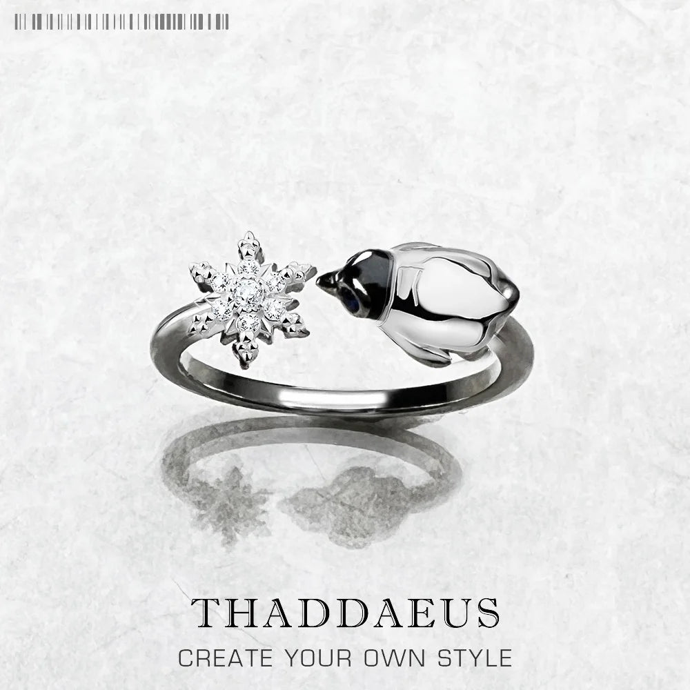 Ring Schneeflocken und Pinguin, brandneues süßes Wintergeschenk, edler Schmuck für Frauen aus 925er Sterlingsilber