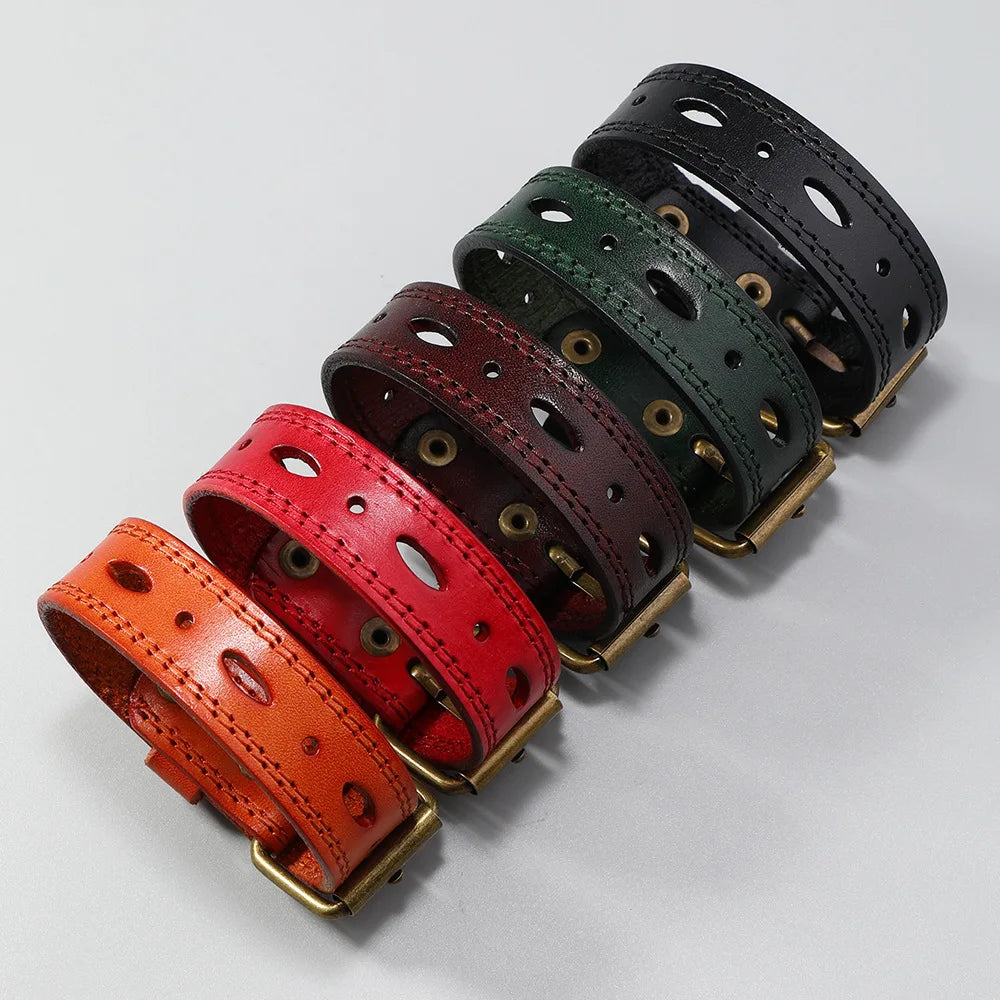 MKENDN Norse Viking Wide Cowhide Leather Punk Wristband Adjustable Cuff Bangles for Men Women Friendship Bracelets Gifts