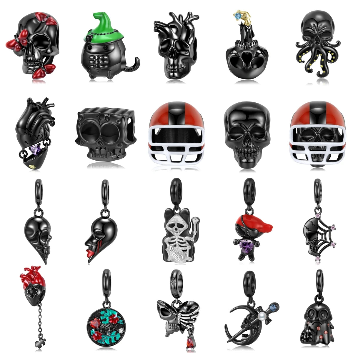 925 Sterling Silver Black Heart Left Right Face Butterfly Octopus Skull Halloween Beads for Charms Bracelet Pendant Diy Bracelet