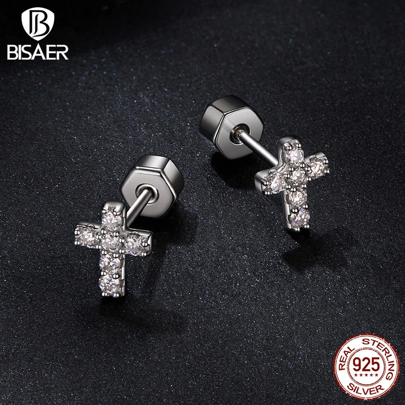 Boucles d'oreilles à tige en forme de croix en moissanite Bisaer pour femmes religieuses en argent sterling 925 2CTW D VVS1 plaqué or blanc bijoux fins